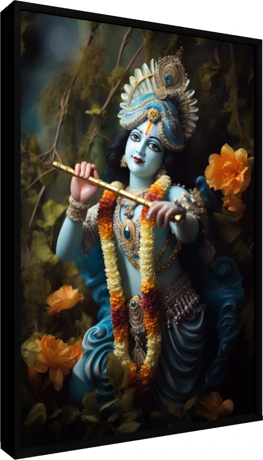 A serene digital painting of Lord Krishna with blue skin, holding a golden flute amidst golden flowers. — floater frame preview | PrintPosters.in